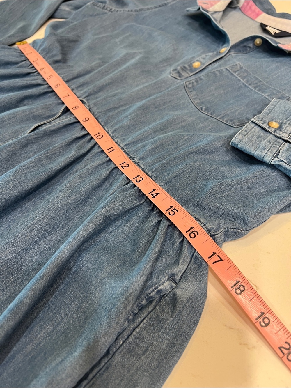 Lands’ End Girls Chambray Shirt Dress Tiered Collared Pockets XL 14-16 - Picture 9 of 10
